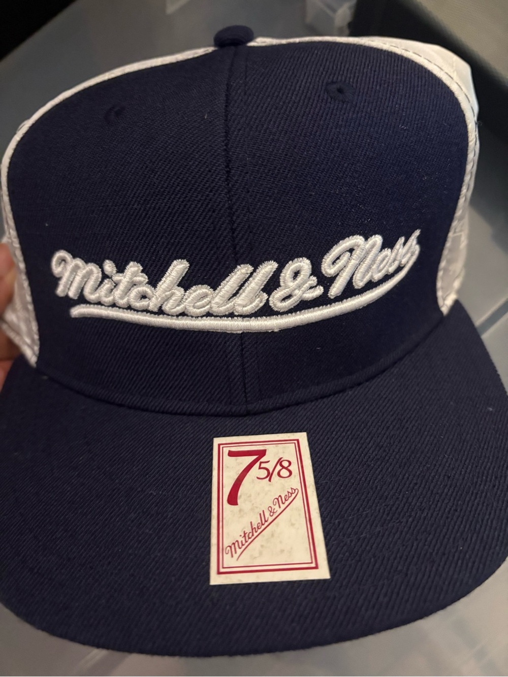 Mitchell & Ness Navy and White Script Logo Snapback Hat